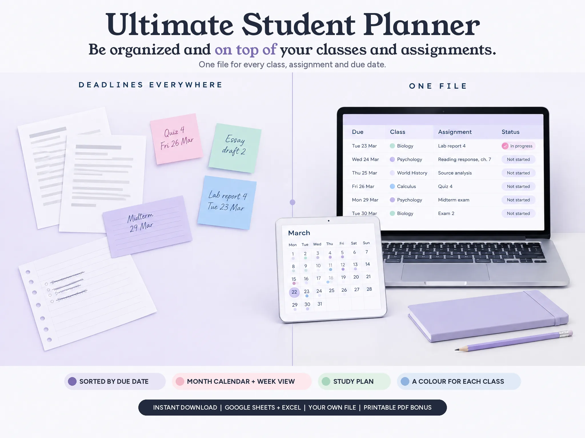 Ultimate Student Planner. Be organized and on top of your classes and assignments: deadlines everywhere on paper notes, then one file on a laptop and tablet